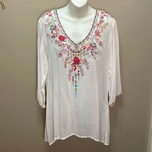 Johnny Was White Tunic with Multicolor Embroidery